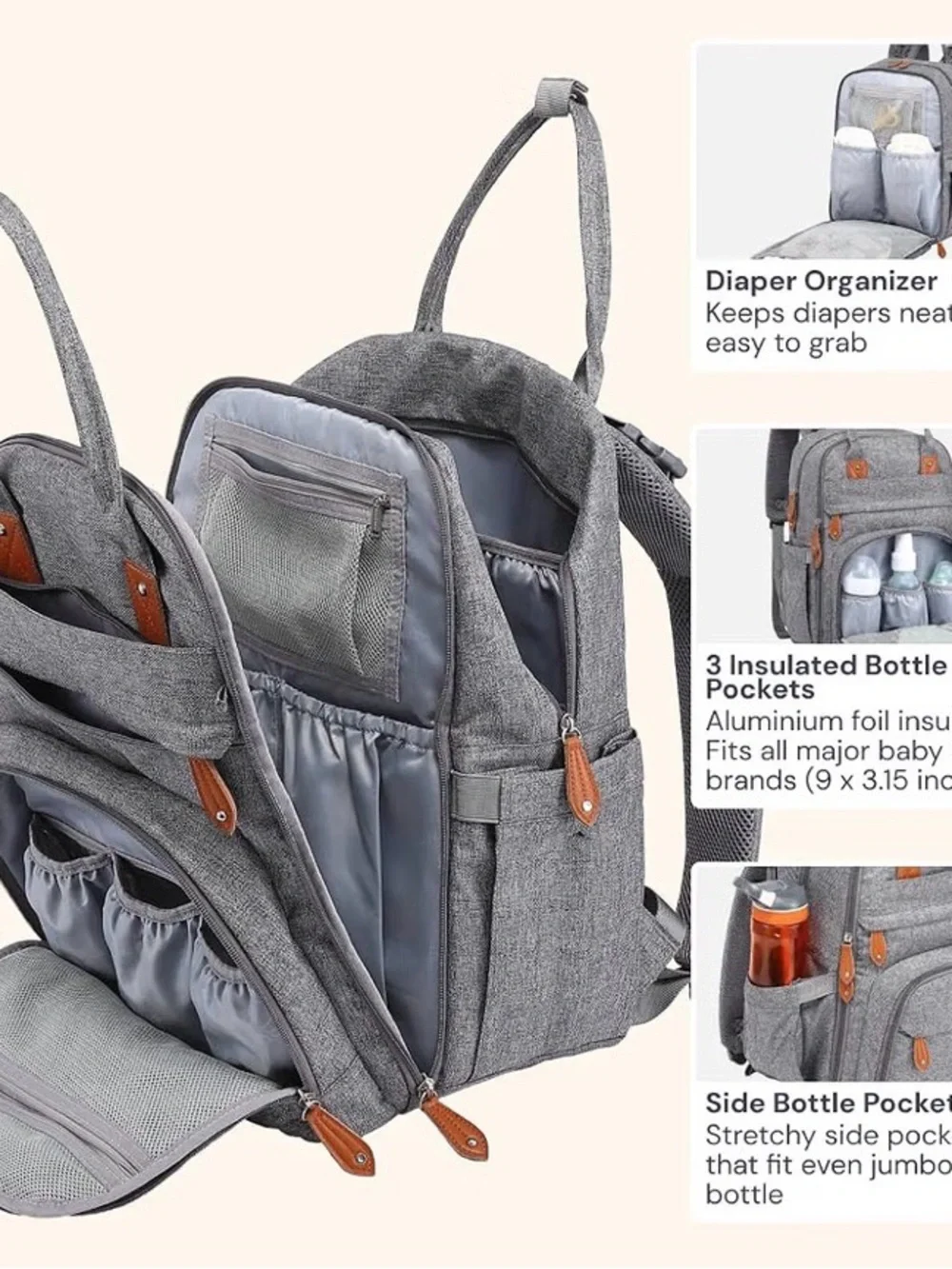 Grey Baby Diaper Backpack with Tan Accent Details